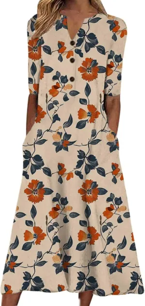 Boho Dresses for Women 2025 Summer Casual Short Sleeve Long Dress Floral Beach Vacation Sundresses with Pockets