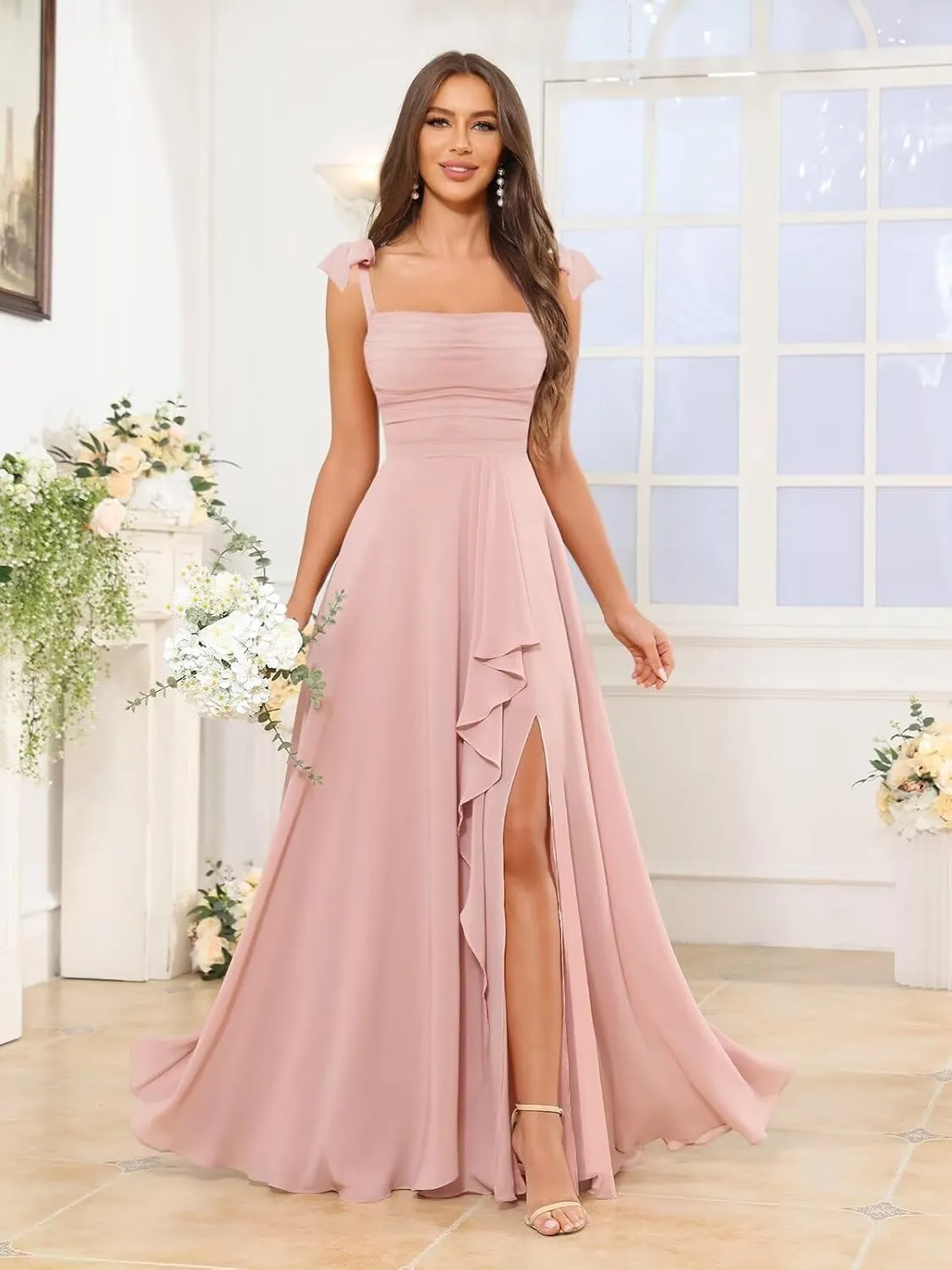 Bridesmaid Dresses for Women A-line Long Square Neck Ruffle Chiffon Formal Dress Prom Gown with Slit