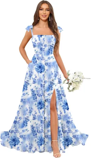 Bridesmaid Dresses for Women A-line Long Square Neck Ruffle Chiffon Formal Dress Prom Gown with Slit