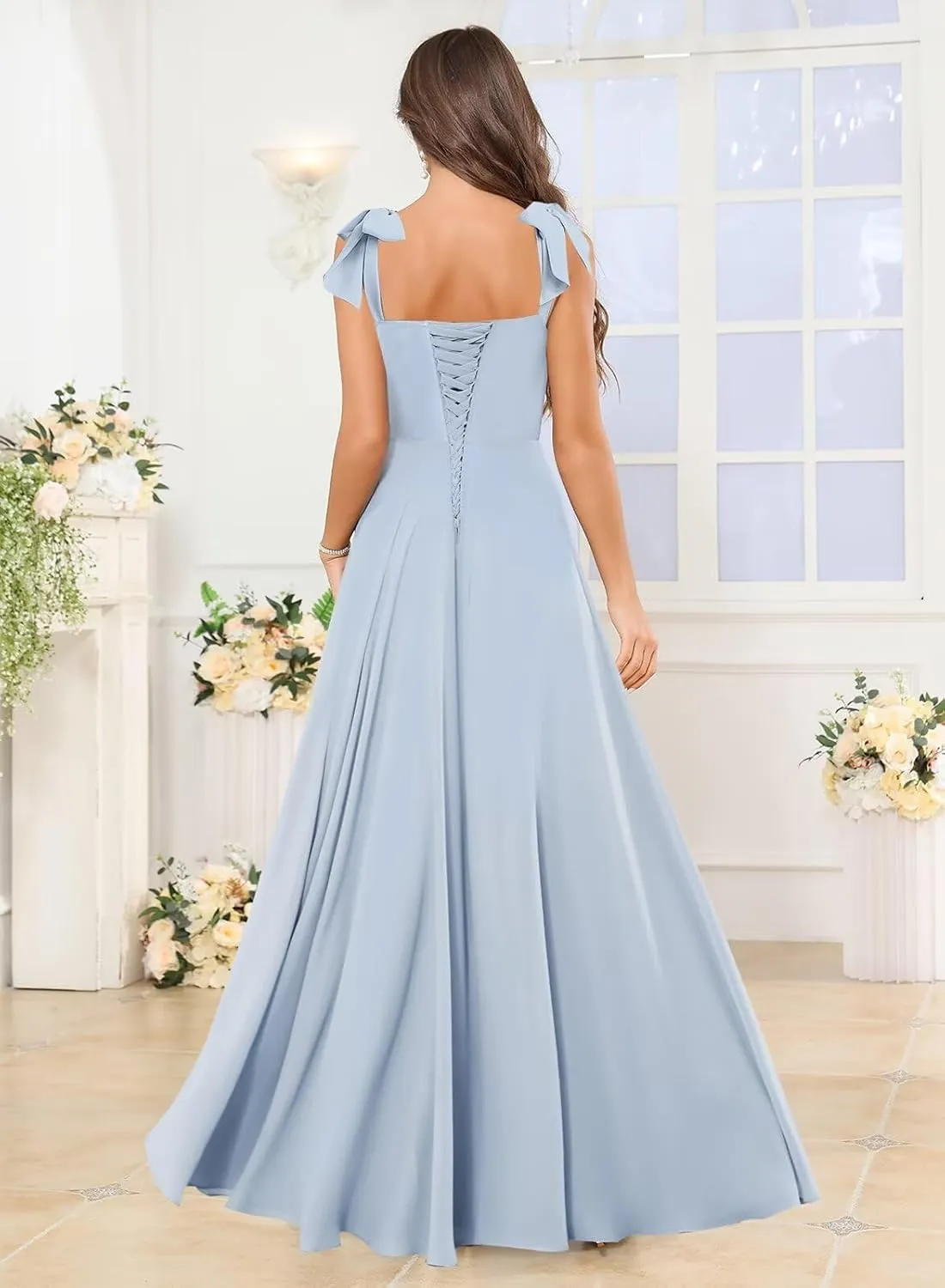 Bridesmaid Dresses for Women A-line Long Square Neck Ruffle Chiffon Formal Dress Prom Gown with Slit