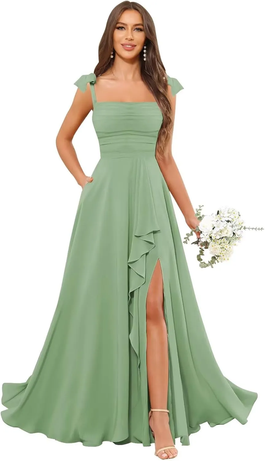 Bridesmaid Dresses for Women A-line Long Square Neck Ruffle Chiffon Formal Dress Prom Gown with Slit