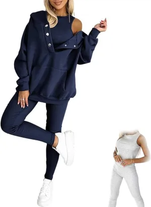 Calmlily 3 Piece Hoodie Set Women, Calmlily Oversized Hooded Casual 3pc Sweatshirt Suit,Sweatsuit Set for Women