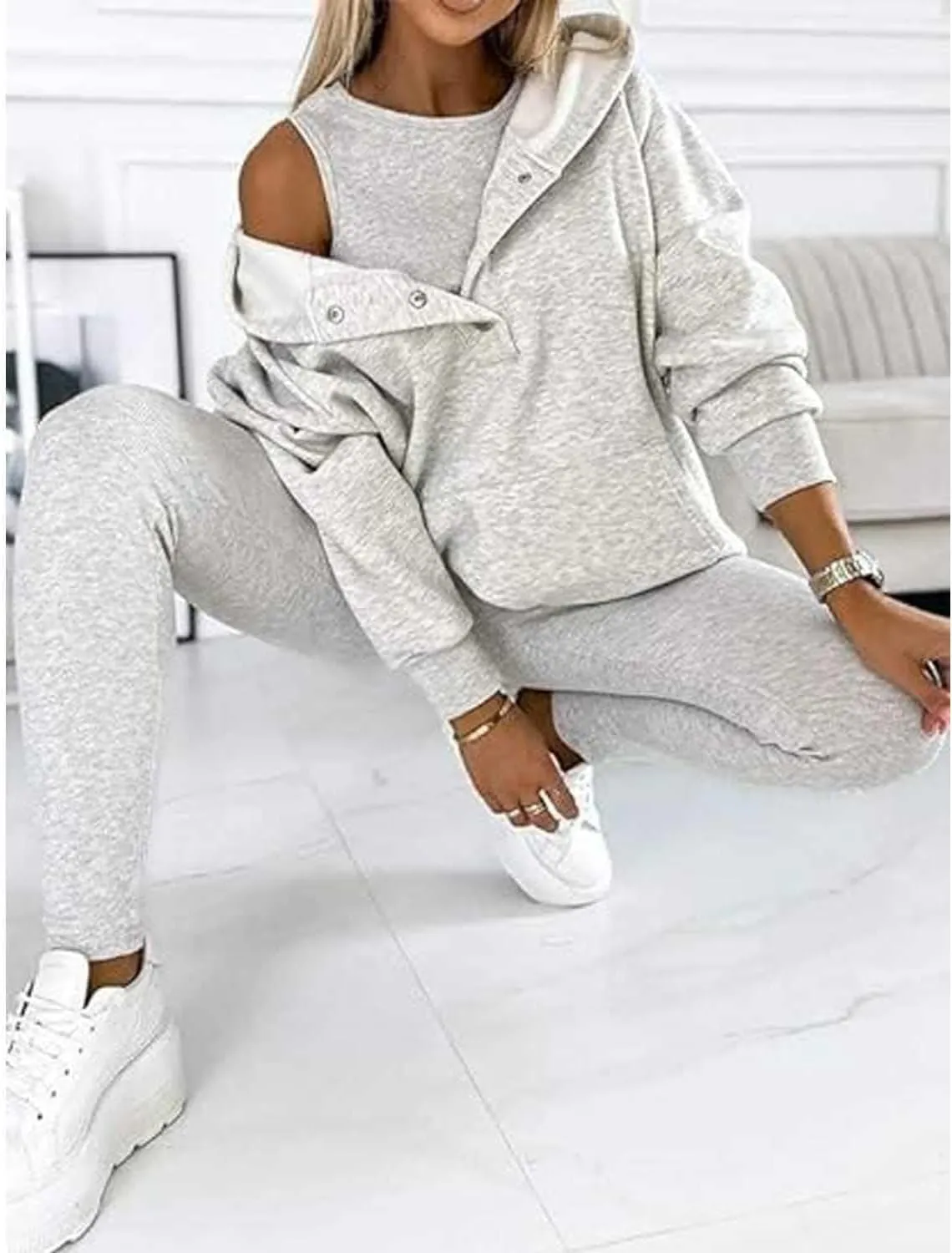Calmlily 3 Piece Hoodie Set Women, Calmlily Oversized Hooded Casual 3pc Sweatshirt Suit,Sweatsuit Set for Women