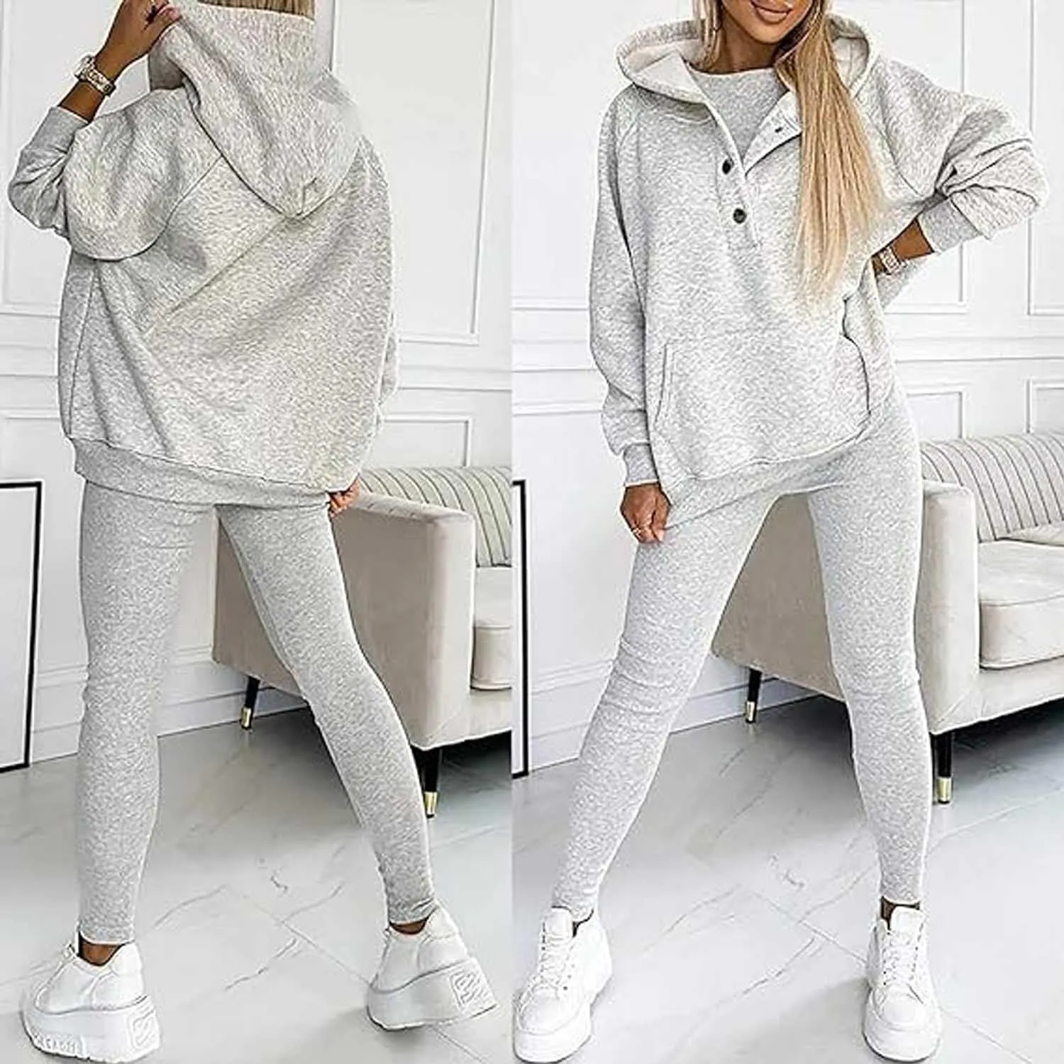Calmlily 3 Piece Hoodie Set Women, Calmlily Oversized Hooded Casual 3pc Sweatshirt Suit,Sweatsuit Set for Women