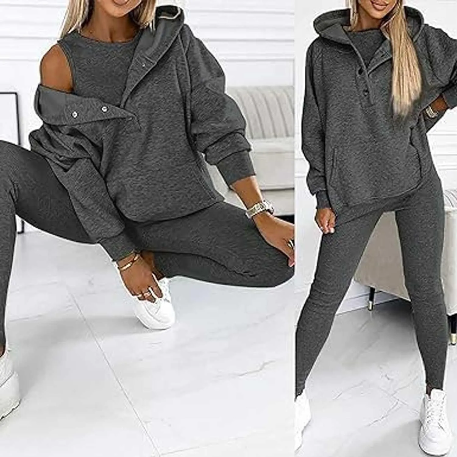 Calmlily 3 Piece Hoodie Set Women, Calmlily Oversized Hooded Casual 3pc Sweatshirt Suit,Sweatsuit Set for Women