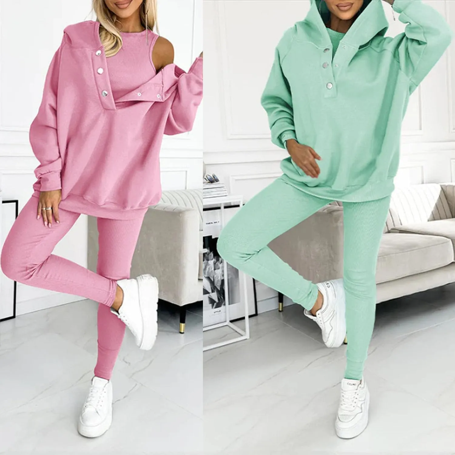 Calmlily 3 Piece Hoodie Set Women, Calmlily Oversized Hooded Casual 3pc Sweatshirt Suit,Sweatsuit Set for Women