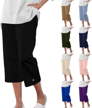 Capri Pants for Women 2025 Summer Trendy Casual Stretch Cotton Linen Capris Pant Straight Wide Leg Cropped Trousers