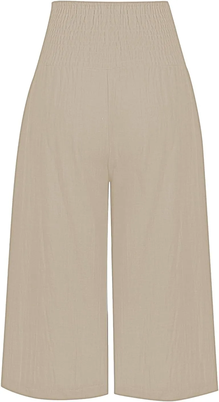 Capri Pants for Women Wide Leg Linen Palazzo Trousers Pull On Smock Elastic Waist Shorts Summer Flowy Beach Pants