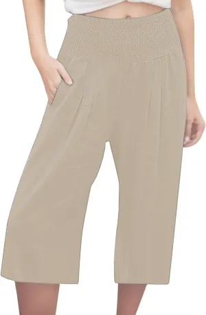 Capri Pants for Women Wide Leg Linen Palazzo Trousers Pull On Smock Elastic Waist Shorts Summer Flowy Beach Pants