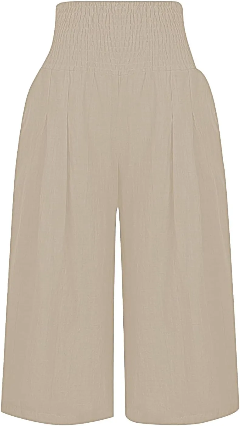Capri Pants for Women Wide Leg Linen Palazzo Trousers Pull On Smock Elastic Waist Shorts Summer Flowy Beach Pants