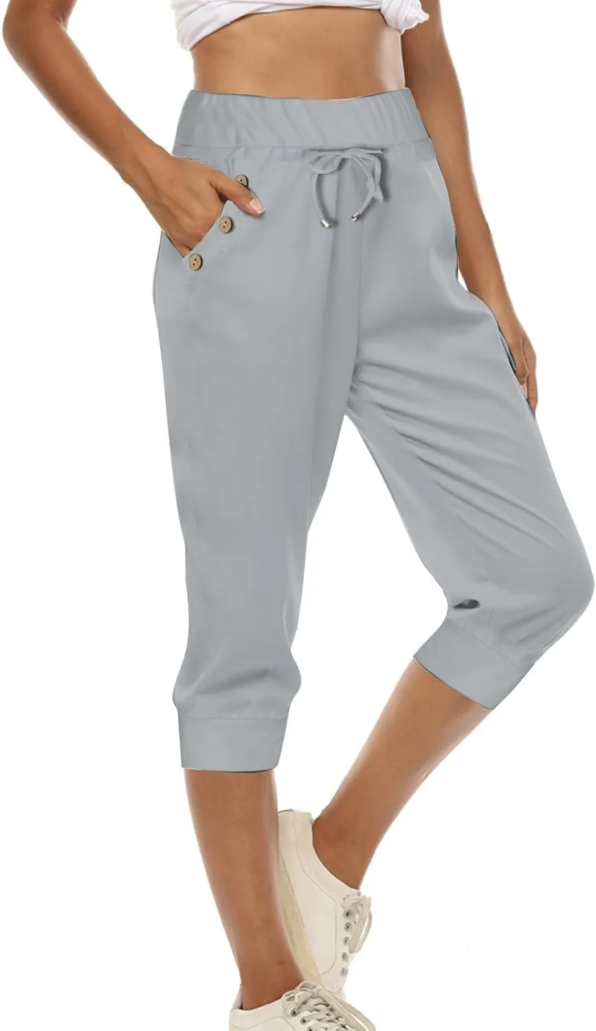 Capri Pants for Women,High Waisted Drawstring Joggers Stretch Lightweight Casual Hiking Pant Capri with Pockets
