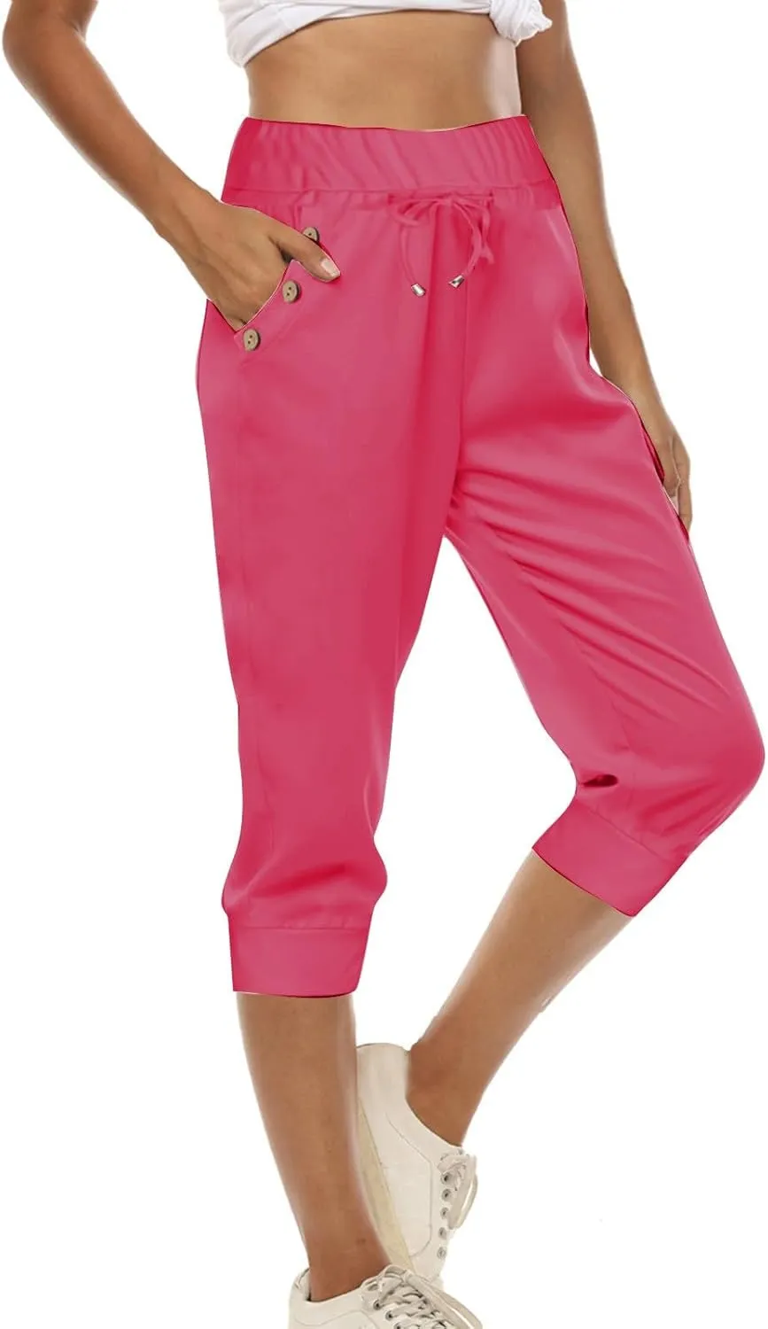 Capri Pants for Women,High Waisted Drawstring Joggers Stretch Lightweight Casual Hiking Pant Capri with Pockets