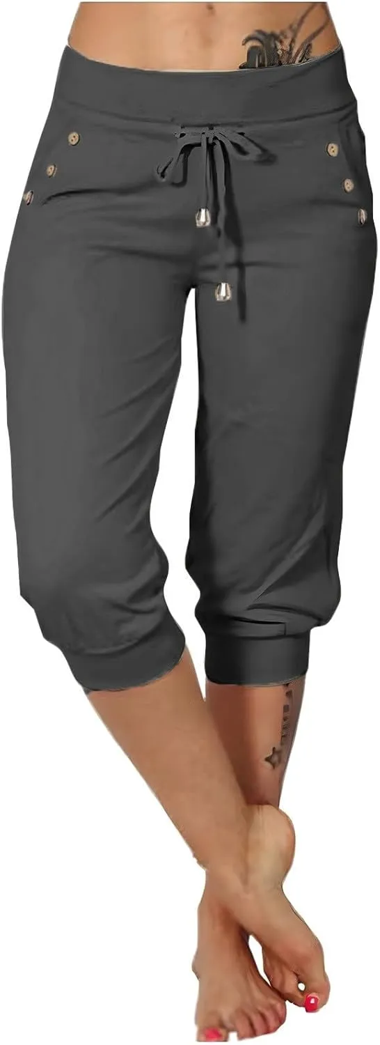 Capri Pants for Women,High Waisted Drawstring Joggers Stretch Lightweight Casual Hiking Pant Capri with Pockets
