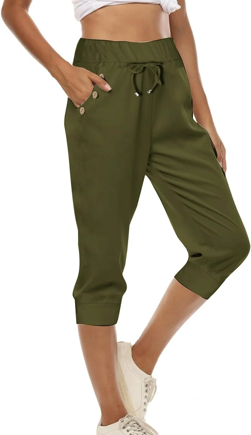 Capri Pants for Women,High Waisted Drawstring Joggers Stretch Lightweight Casual Hiking Pant Capri with Pockets