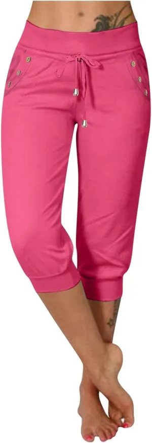 Capri Pants for Women,High Waisted Drawstring Joggers Stretch Lightweight Casual Hiking Pant Capri with Pockets