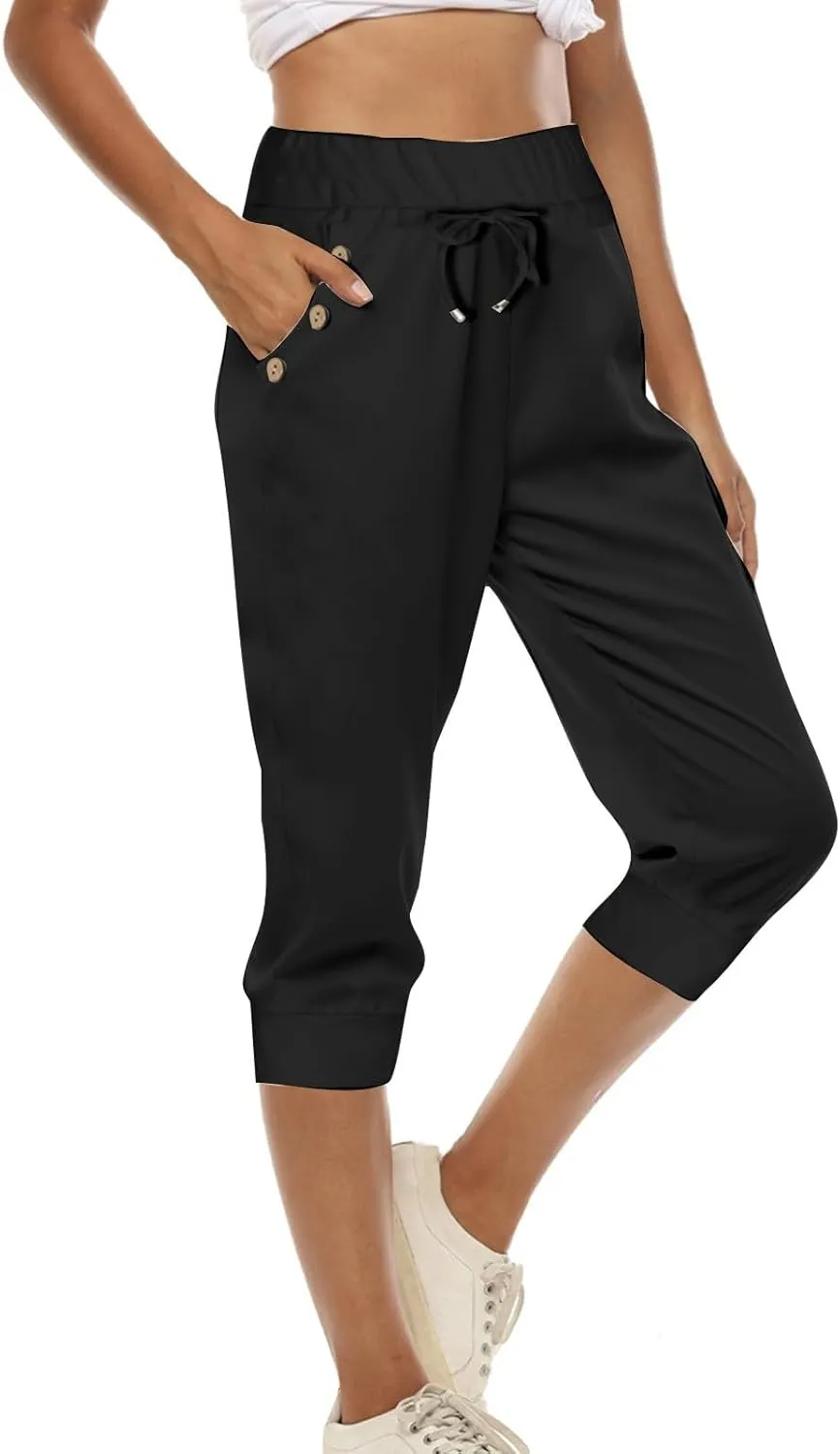Capri Pants for Women,High Waisted Drawstring Joggers Stretch Lightweight Casual Hiking Pant Capri with Pockets