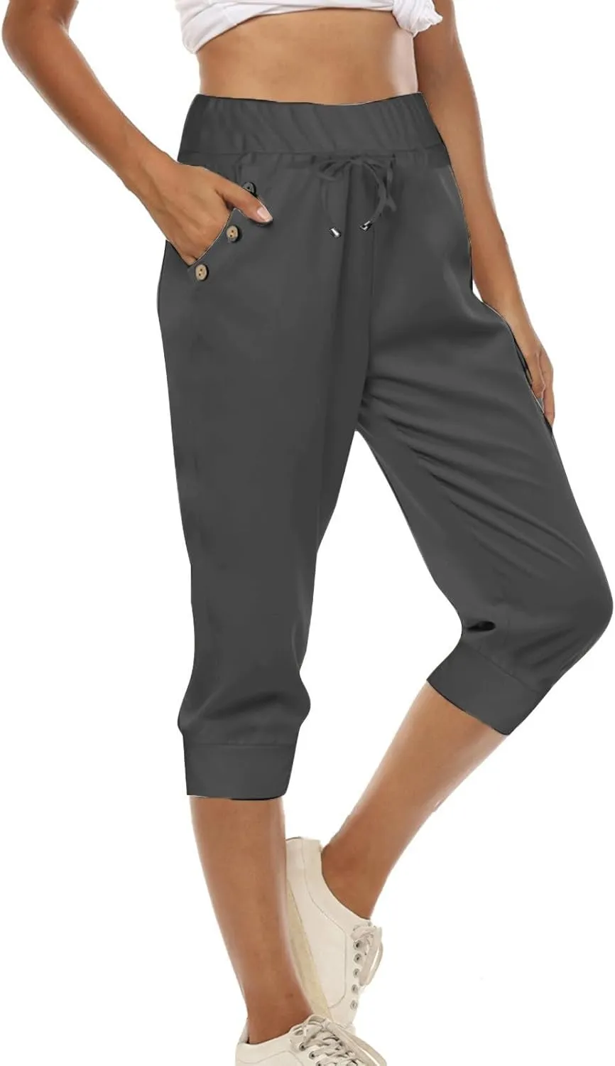 Capri Pants for Women,High Waisted Drawstring Joggers Stretch Lightweight Casual Hiking Pant Capri with Pockets