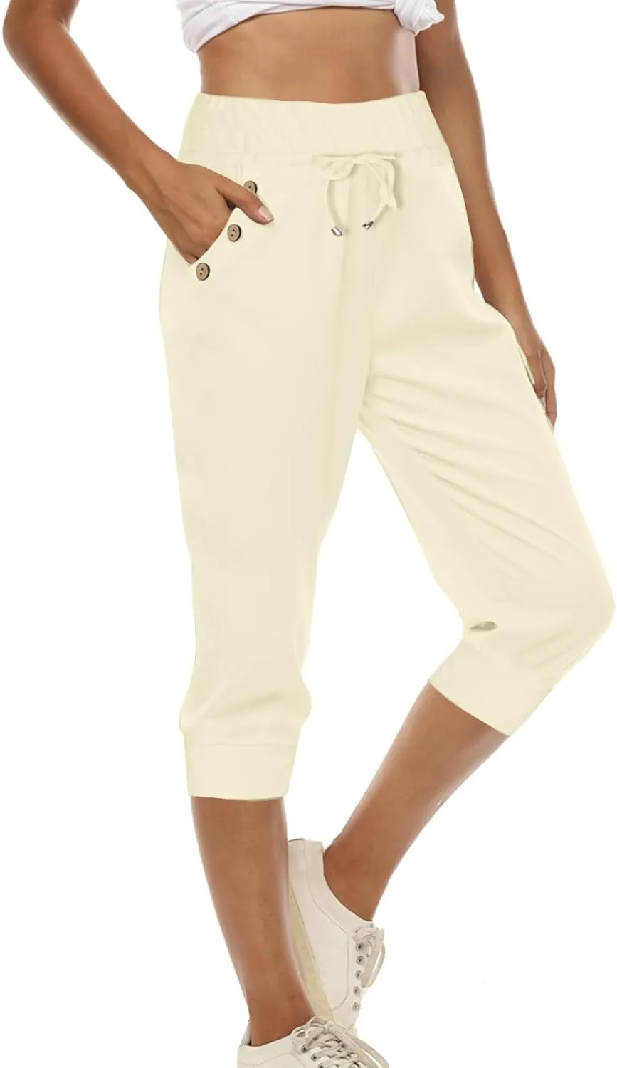 Capri Pants for Women,High Waisted Drawstring Joggers Stretch Lightweight Casual Hiking Pant Capri with Pockets