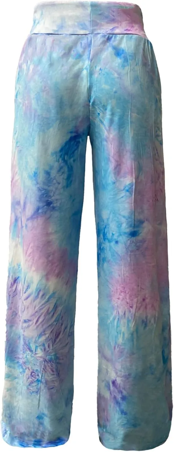 ccko Women's Comfy Casual Stretch Pajama Pants Tie Dye Drawstring Palazzo Lounge Pants Wide Leg for All Seasons