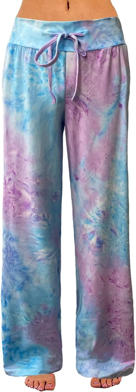 ccko Women's Comfy Casual Stretch Pajama Pants Tie Dye Drawstring Palazzo Lounge Pants Wide Leg for All Seasons