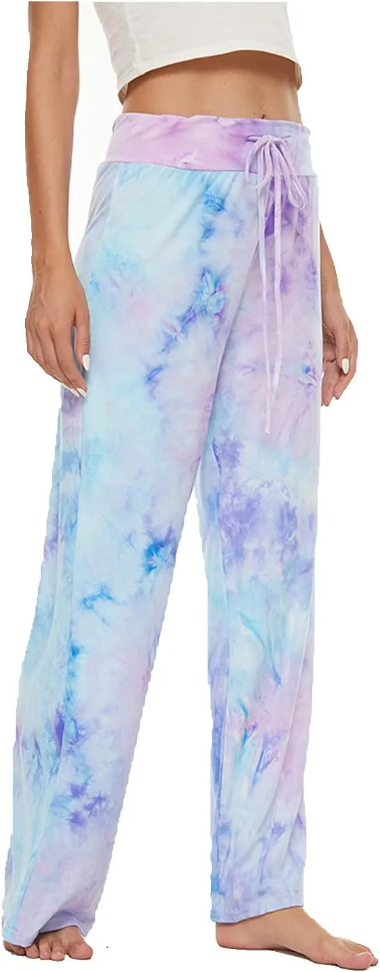 ccko Women's Comfy Casual Stretch Pajama Pants Tie Dye Drawstring Palazzo Lounge Pants Wide Leg for All Seasons