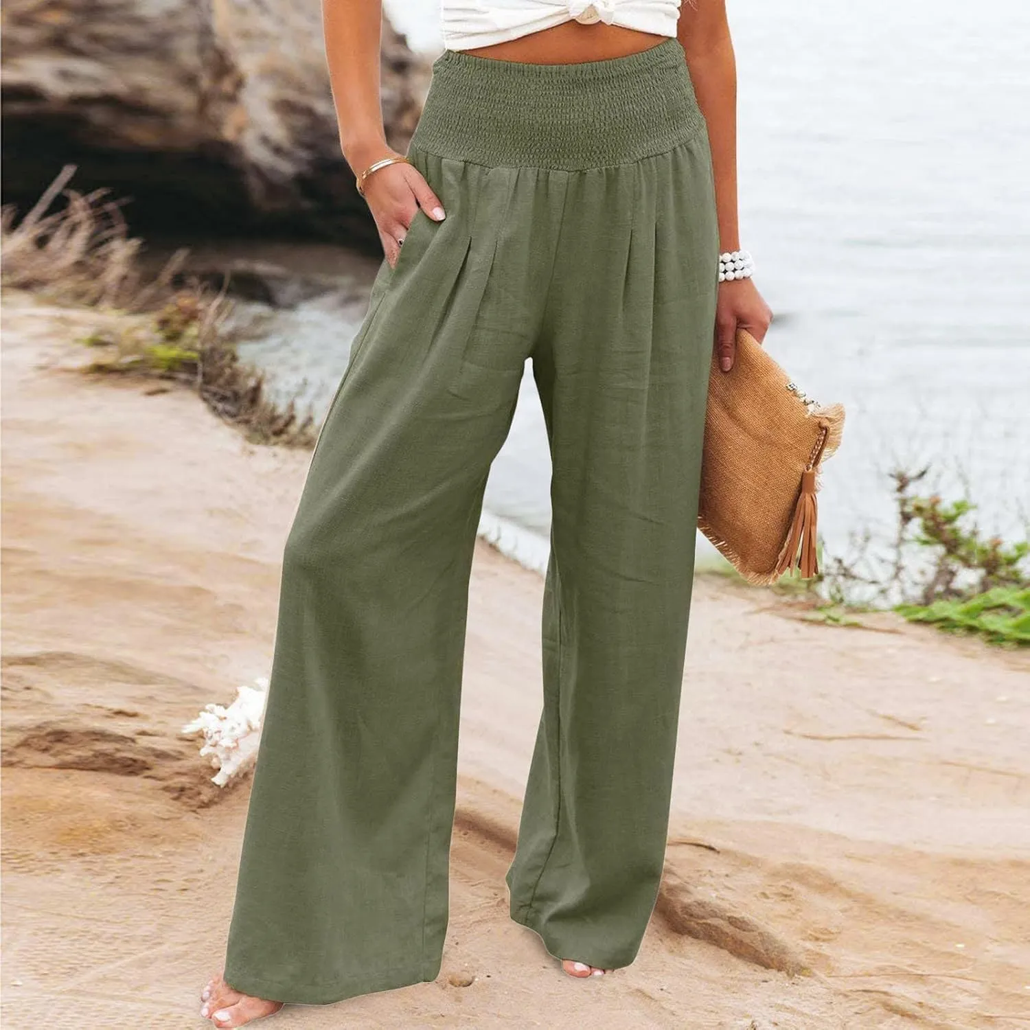 Ceboyel Women Wide Leg Palazzo Pants High Waisted Pants Pocket Casual Stretch Lounge Trousers Flowy Summer Beach Outfits 2023