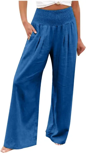 Ceboyel Women Wide Leg Palazzo Pants High Waisted Pants Pocket Casual Stretch Lounge Trousers Flowy Summer Beach Outfits 2023
