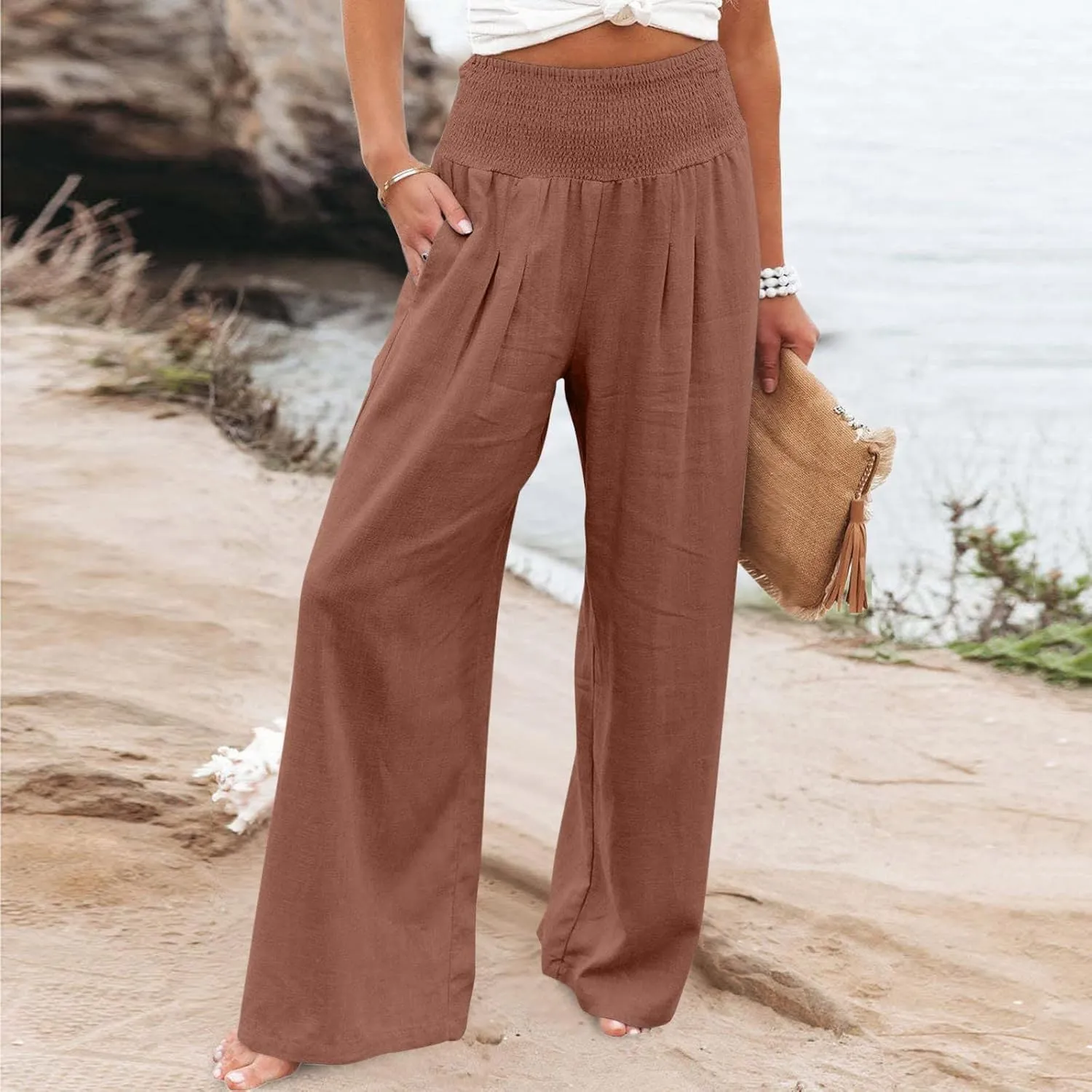 Ceboyel Women Wide Leg Palazzo Pants High Waisted Pants Pocket Casual Stretch Lounge Trousers Flowy Summer Beach Outfits 2023