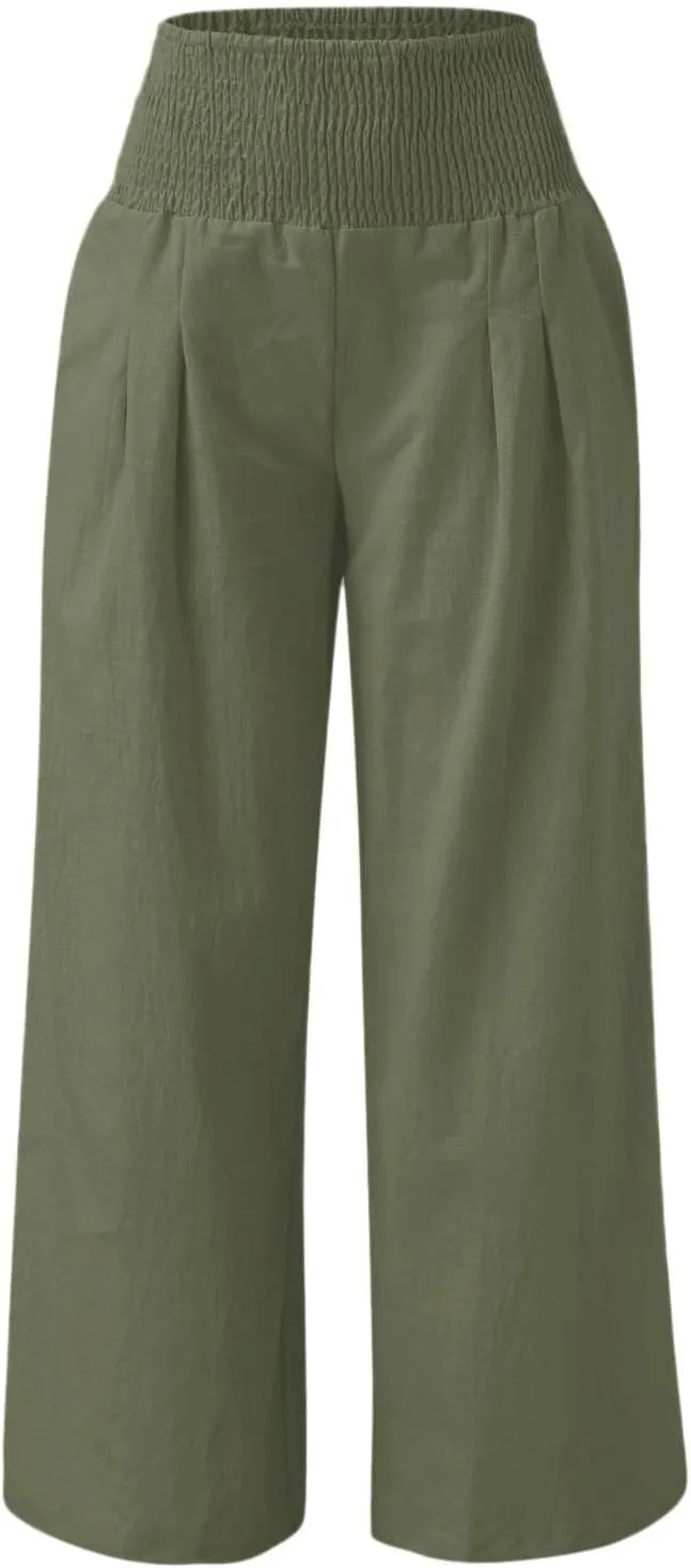 Ceboyel Women Wide Leg Palazzo Pants High Waisted Pants Pocket Casual Stretch Lounge Trousers Flowy Summer Beach Outfits 2023