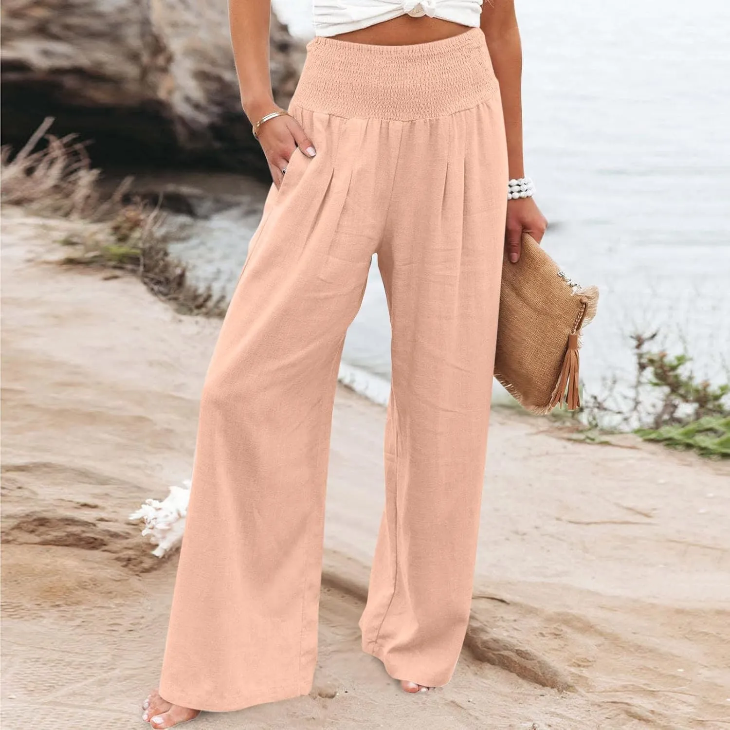 Ceboyel Women Wide Leg Palazzo Pants High Waisted Pants Pocket Casual Stretch Lounge Trousers Flowy Summer Beach Outfits 2023