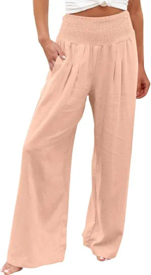 Ceboyel Women Wide Leg Palazzo Pants High Waisted Pants Pocket Casual Stretch Lounge Trousers Flowy Summer Beach Outfits 2023