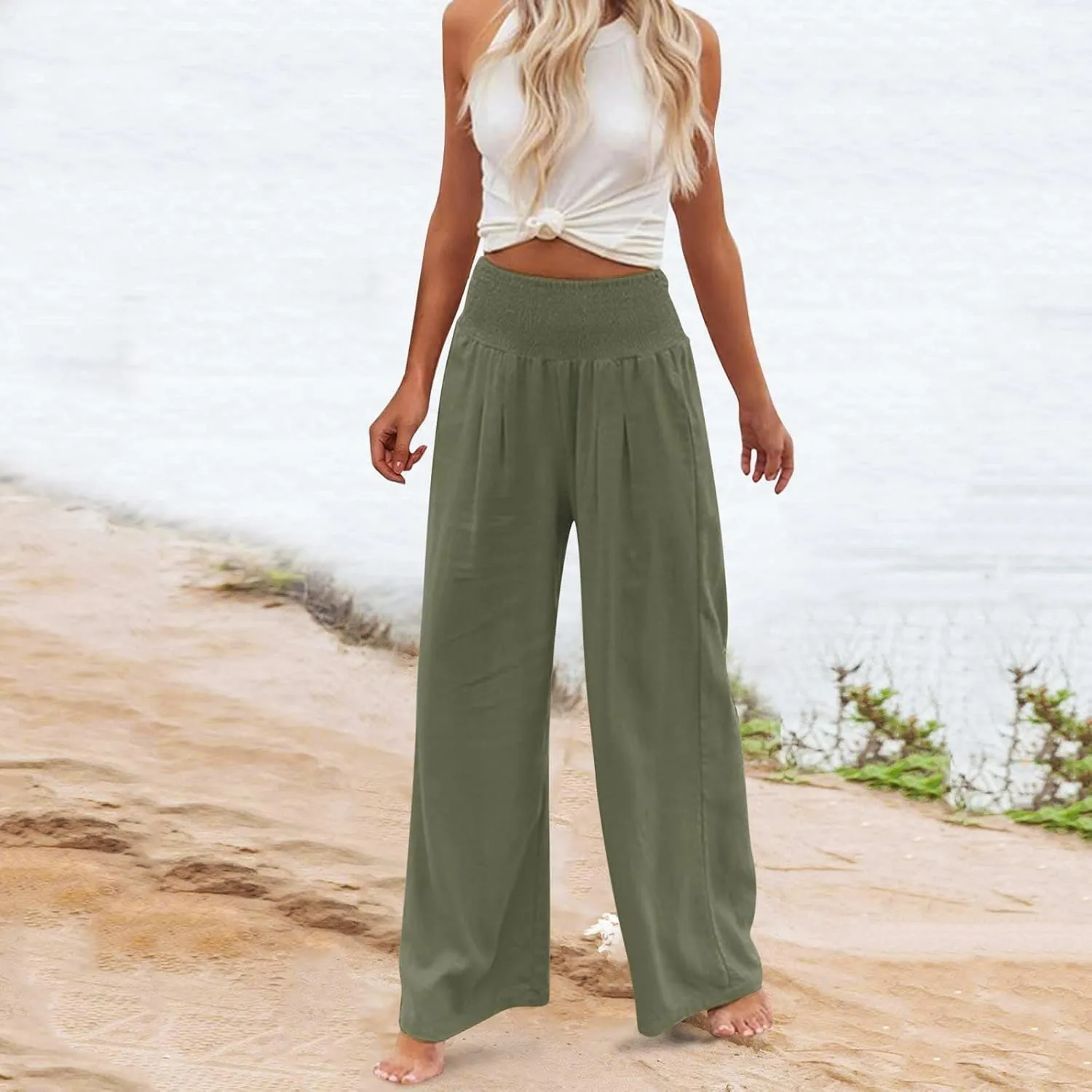 Ceboyel Women Wide Leg Palazzo Pants High Waisted Pants Pocket Casual Stretch Lounge Trousers Flowy Summer Beach Outfits 2023