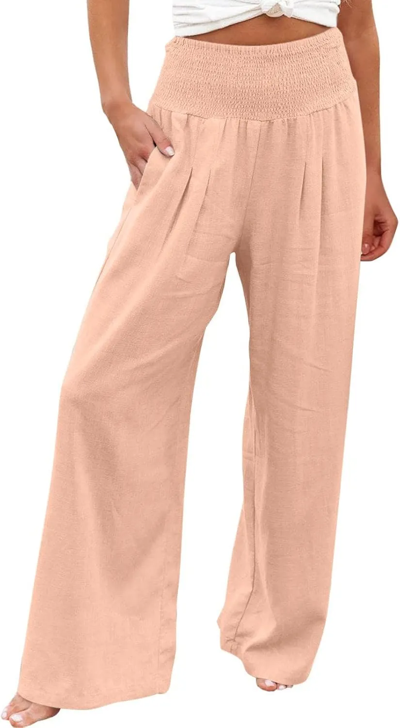 Ceboyel Women Wide Leg Palazzo Pants High Waisted Pants Pocket Casual Stretch Lounge Trousers Flowy Summer Beach Outfits 2023