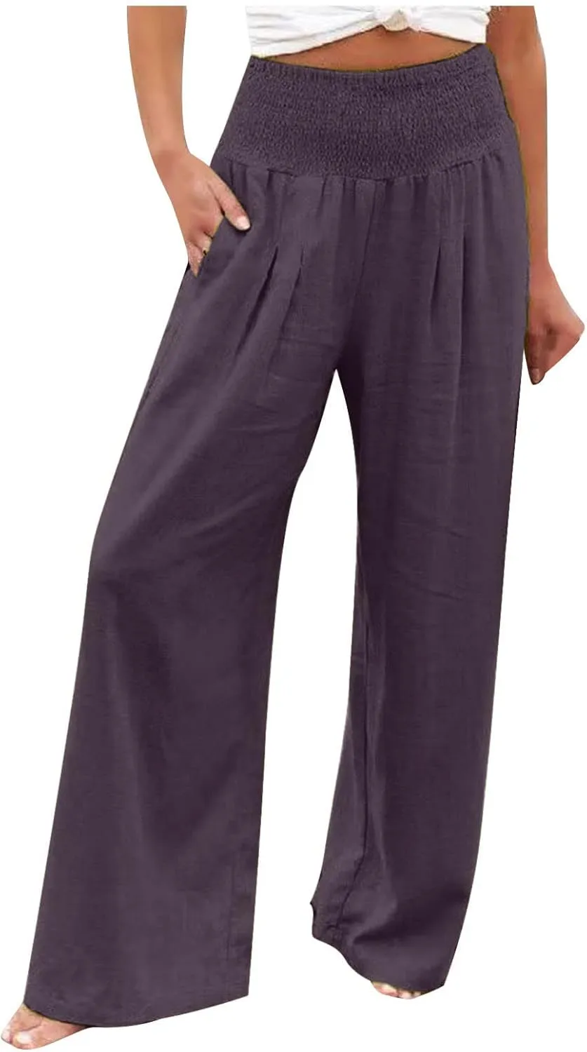 Ceboyel Women Wide Leg Palazzo Pants High Waisted Pants Pocket Casual Stretch Lounge Trousers Flowy Summer Beach Outfits 2023