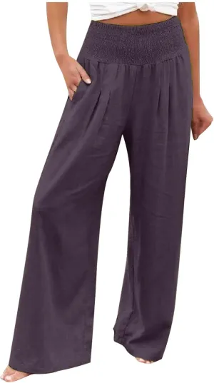 Ceboyel Women Wide Leg Palazzo Pants High Waisted Pants Pocket Casual Stretch Lounge Trousers Flowy Summer Beach Outfits 2023