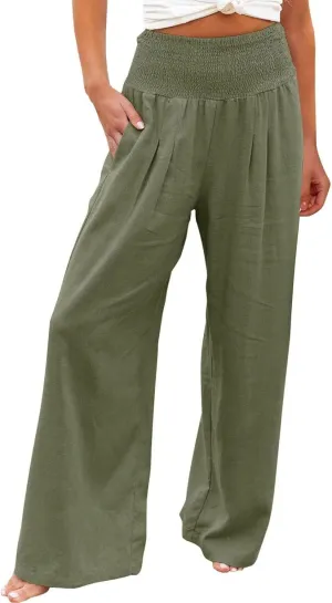Ceboyel Women Wide Leg Palazzo Pants High Waisted Pants Pocket Casual Stretch Lounge Trousers Flowy Summer Beach Outfits 2023