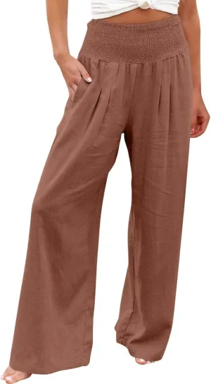 Ceboyel Women Wide Leg Palazzo Pants High Waisted Pants Pocket Casual Stretch Lounge Trousers Flowy Summer Beach Outfits 2023