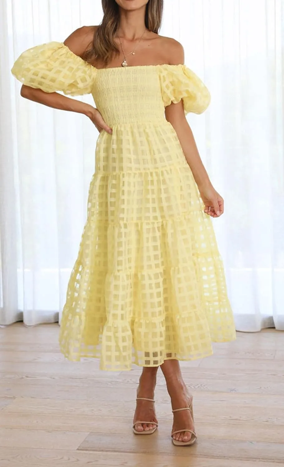 cffvdiz Women's Summer Maxi Dress Strapless Wrap Lantern Short Sleeve Ruffle Flowy Boho Beach Wedding Sun Dress