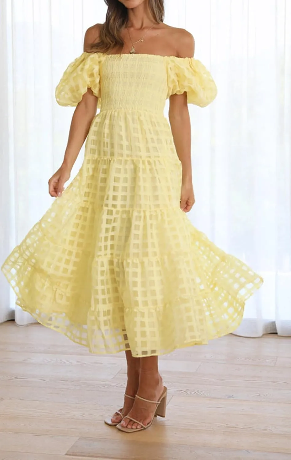 cffvdiz Women's Summer Maxi Dress Strapless Wrap Lantern Short Sleeve Ruffle Flowy Boho Beach Wedding Sun Dress