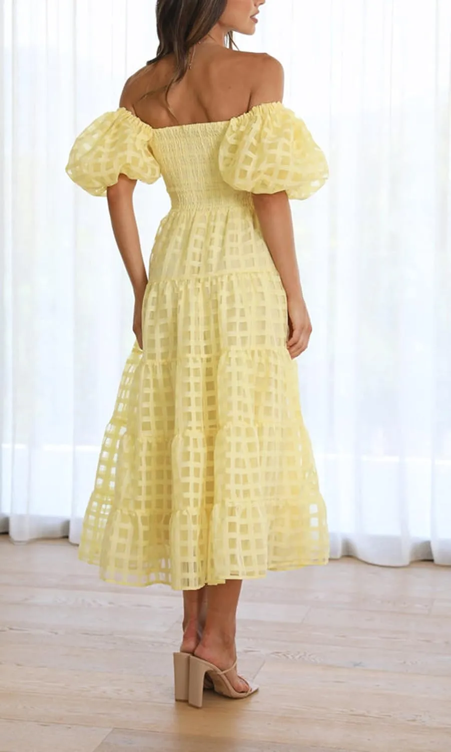 cffvdiz Women's Summer Maxi Dress Strapless Wrap Lantern Short Sleeve Ruffle Flowy Boho Beach Wedding Sun Dress