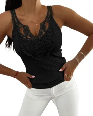 CHICME Womens Slim Fit Tank Tops Casual Wear Lace Trimmed Sleeveless Shirt Stretchy Camisoles T-Shirt