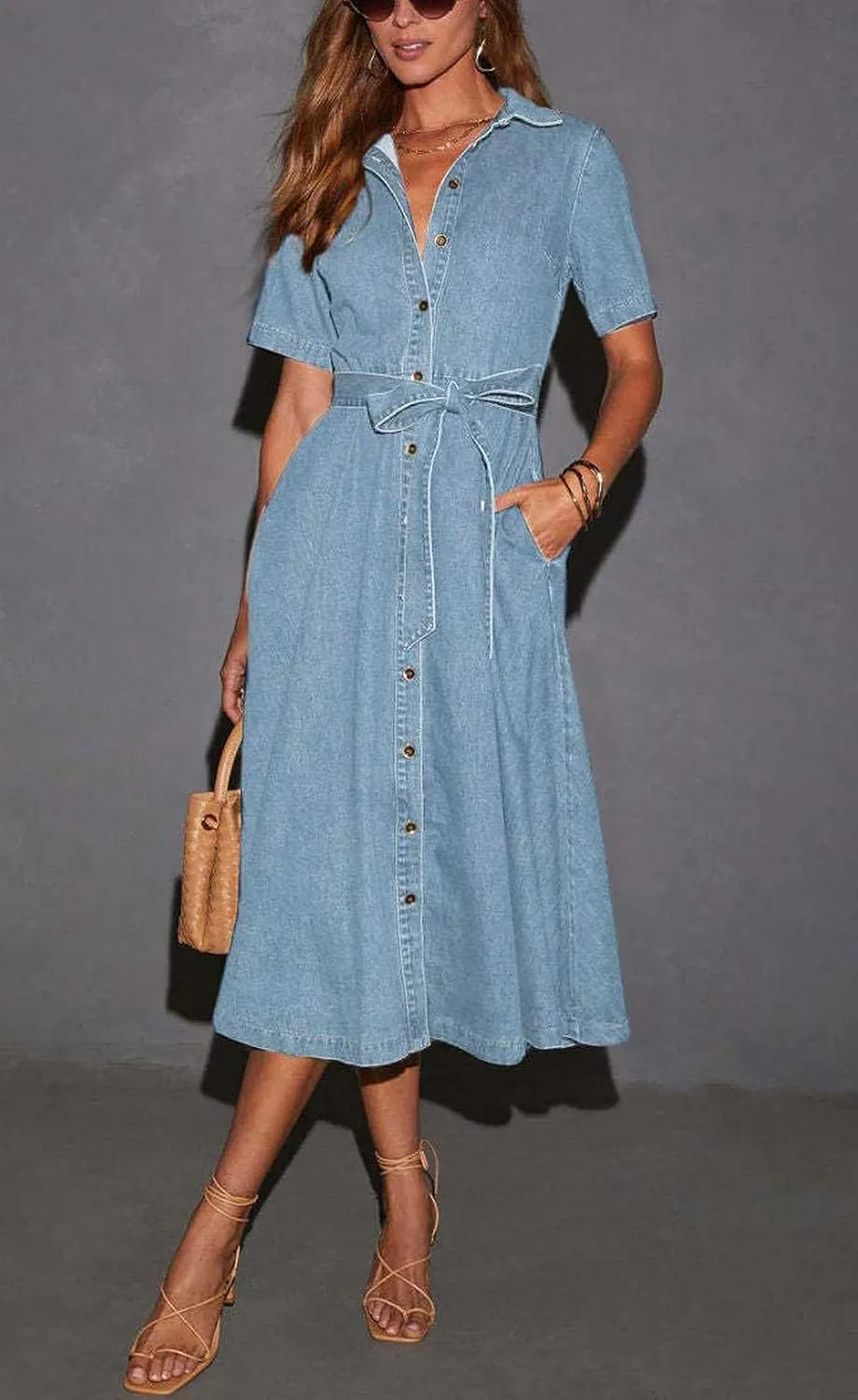chouyatou Women Summer Belted Button Down Denim Shirt Dress Business Casual Short Sleeve Jean Shirt Dress