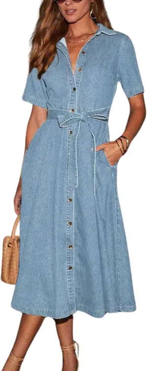 chouyatou Women Summer Belted Button Down Denim Shirt Dress Business Casual Short Sleeve Jean Shirt Dress