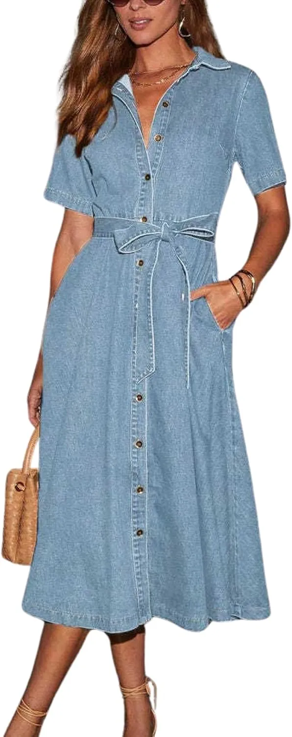 chouyatou Women Summer Belted Button Down Denim Shirt Dress Business Casual Short Sleeve Jean Shirt Dress
