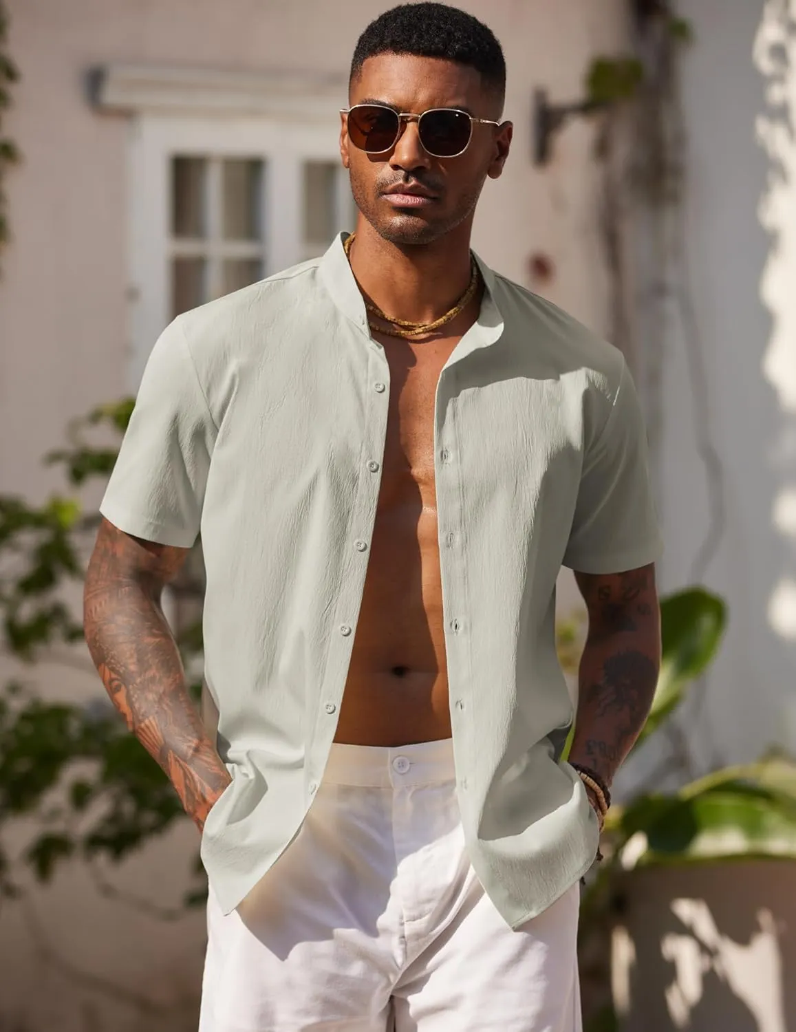 COOFANDY Men's Casual Button Down Short Sleeve Shirt Band Collar Shirts Textured Beach Summer Shirt