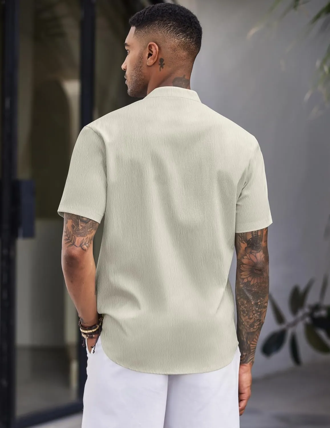 COOFANDY Men's Casual Button Down Short Sleeve Shirt Band Collar Shirts Textured Beach Summer Shirt