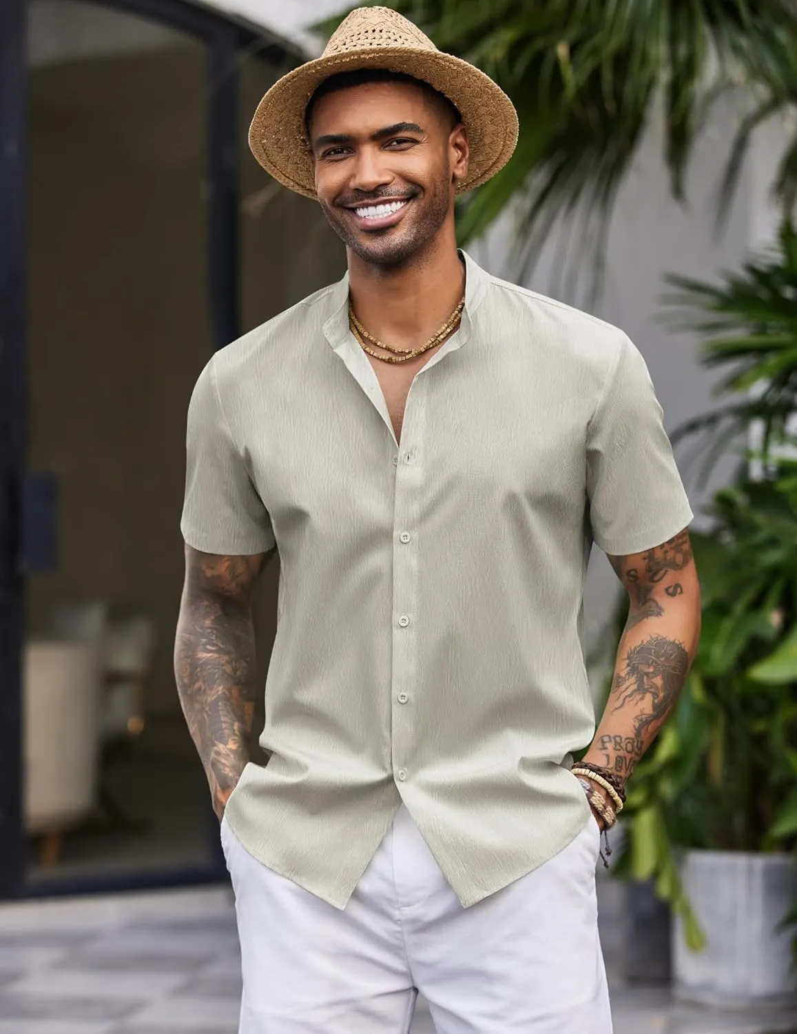 COOFANDY Men's Casual Button Down Short Sleeve Shirt Band Collar Shirts Textured Beach Summer Shirt