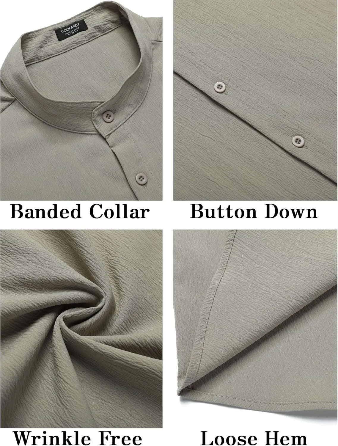 COOFANDY Men's Casual Button Down Short Sleeve Shirt Band Collar Shirts Textured Beach Summer Shirt