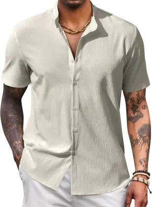COOFANDY Men's Casual Button Down Short Sleeve Shirt Band Collar Shirts Textured Beach Summer Shirt