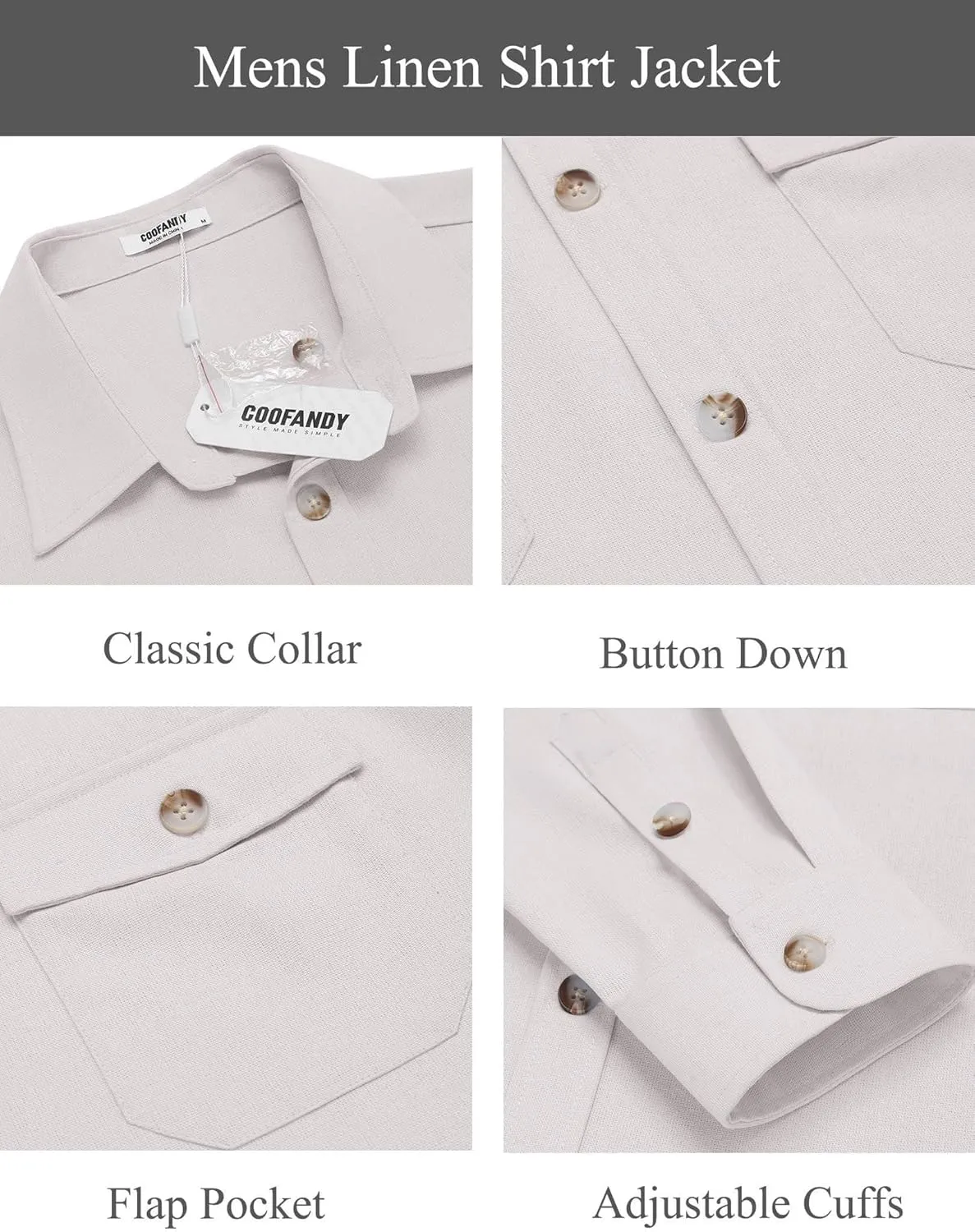 COOFANDY Men's Casual Shirt Jacket Linen Button Down Shirt Long Sleeve Lightweight Shacket with Pockets